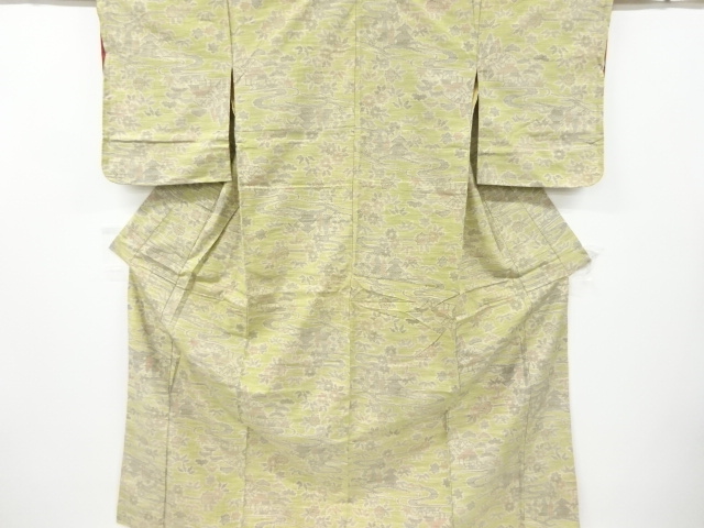 アンティーク　流水に寺塔・草花模様織り出し手織り紬着物